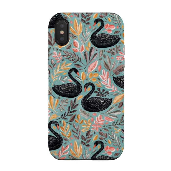 iPhone Xs / X StrongFit Bonny Black Swans with Autumn Leaves on Sage by Micklyn Le Feuvre