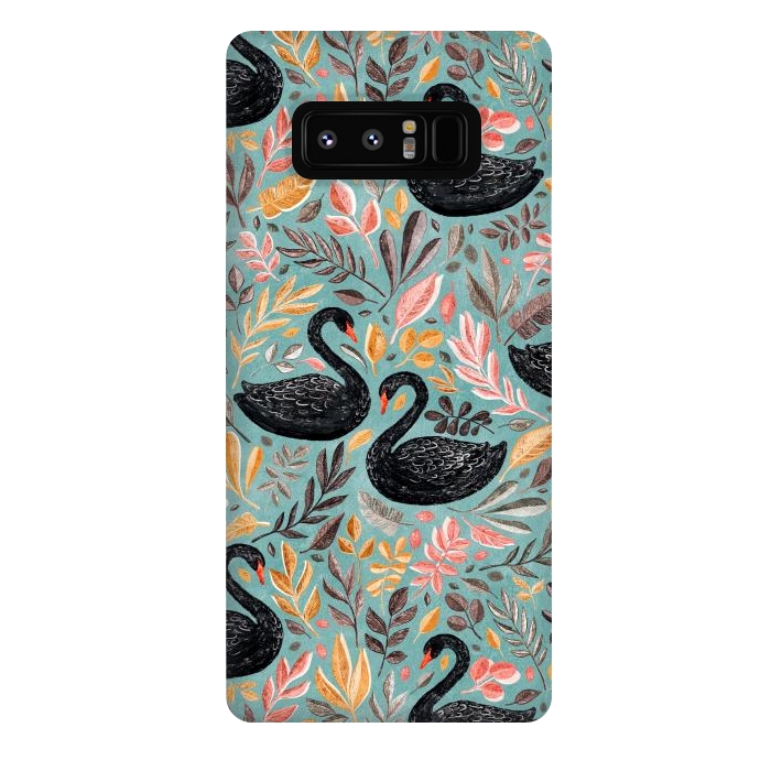Galaxy Note 8 StrongFit Bonny Black Swans with Autumn Leaves on Sage by Micklyn Le Feuvre