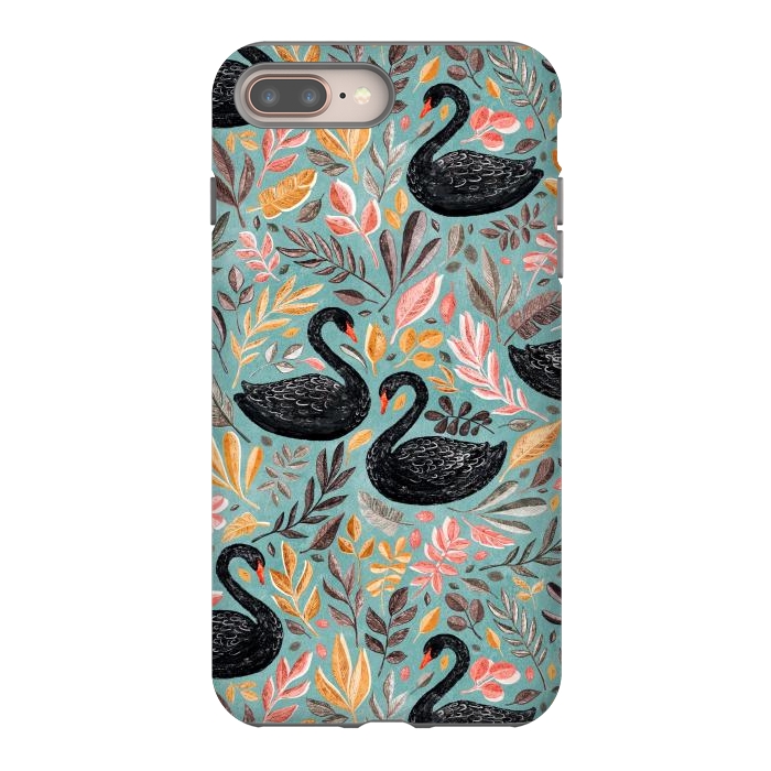 iPhone 8 plus StrongFit Bonny Black Swans with Autumn Leaves on Sage by Micklyn Le Feuvre