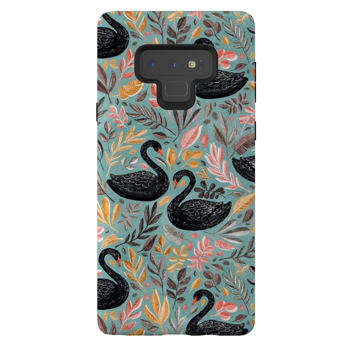 Galaxy Note 9 StrongFit Bonny Black Swans with Autumn Leaves on Sage by Micklyn Le Feuvre