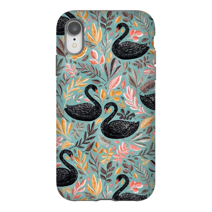 iPhone Xr StrongFit Bonny Black Swans with Autumn Leaves on Sage by Micklyn Le Feuvre