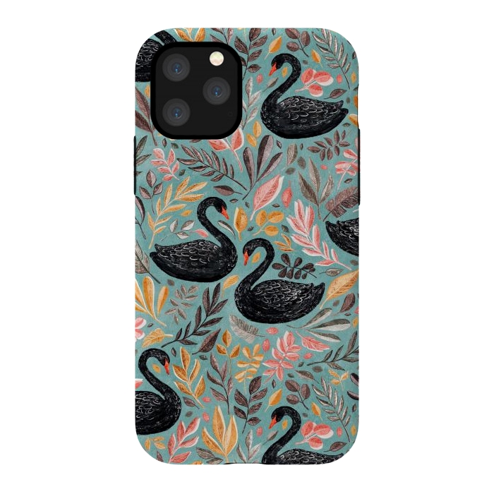 iPhone 11 Pro StrongFit Bonny Black Swans with Autumn Leaves on Sage by Micklyn Le Feuvre