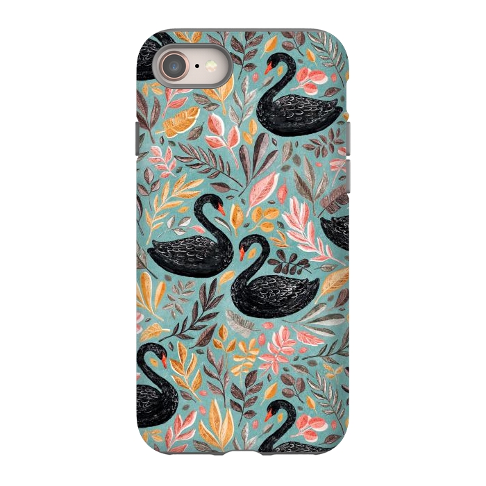 iPhone SE StrongFit Bonny Black Swans with Autumn Leaves on Sage by Micklyn Le Feuvre