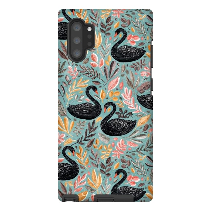 Galaxy Note 10 plus StrongFit Bonny Black Swans with Autumn Leaves on Sage by Micklyn Le Feuvre