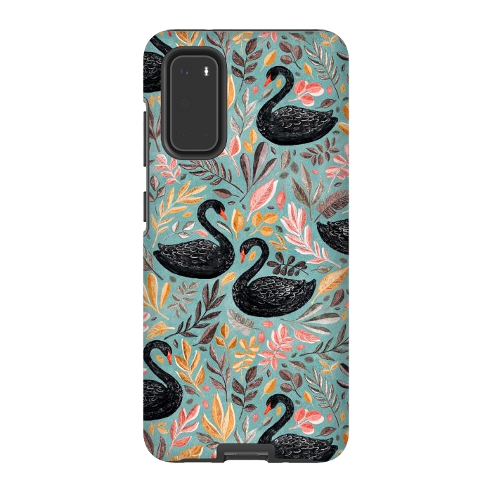 Galaxy S20 StrongFit Bonny Black Swans with Autumn Leaves on Sage by Micklyn Le Feuvre