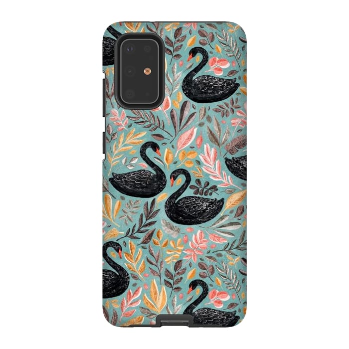 Galaxy S20 Plus StrongFit Bonny Black Swans with Autumn Leaves on Sage by Micklyn Le Feuvre