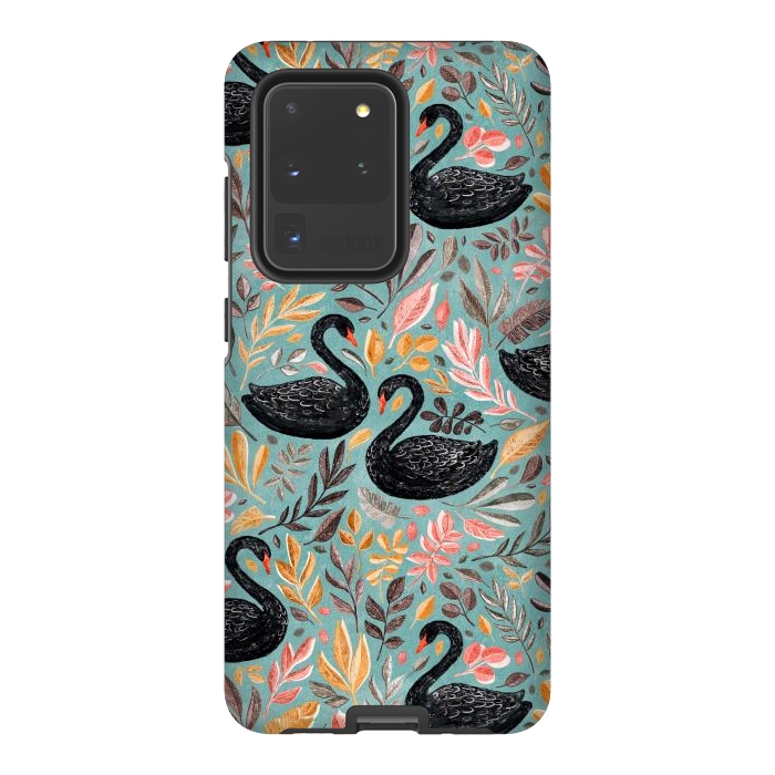 Galaxy S20 Ultra StrongFit Bonny Black Swans with Autumn Leaves on Sage by Micklyn Le Feuvre