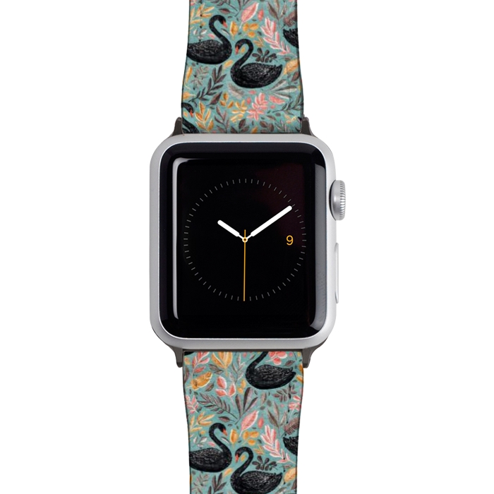 Watch 42mm / 44mm Strap PU leather Bonny Black Swans with Autumn Leaves on Sage by Micklyn Le Feuvre