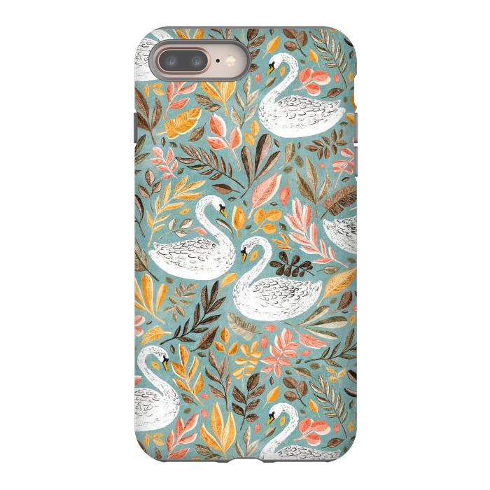 iPhone 7 plus StrongFit Whimsical White Swans with Autumn Leaves on Sage by Micklyn Le Feuvre