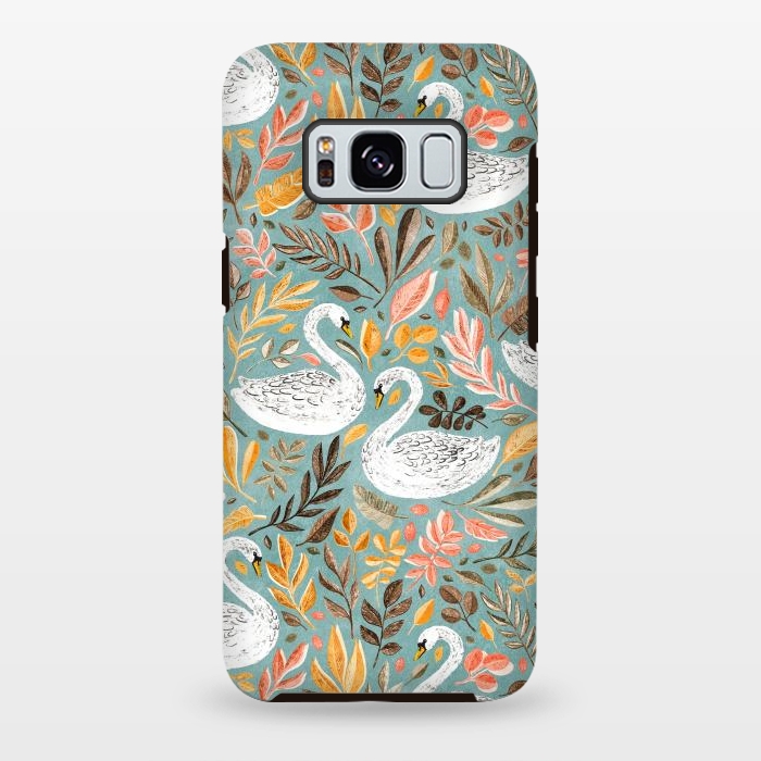 Galaxy S8 plus StrongFit Whimsical White Swans with Autumn Leaves on Sage by Micklyn Le Feuvre