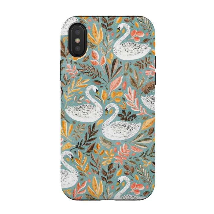 iPhone Xs / X StrongFit Whimsical White Swans with Autumn Leaves on Sage by Micklyn Le Feuvre