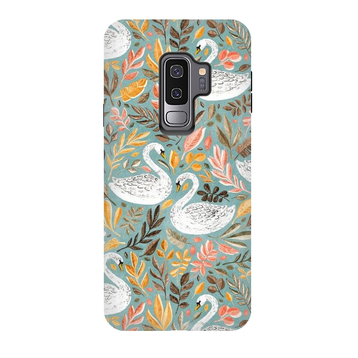 Galaxy S9 plus StrongFit Whimsical White Swans with Autumn Leaves on Sage by Micklyn Le Feuvre