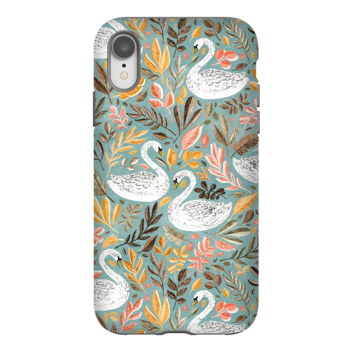 iPhone Xr StrongFit Whimsical White Swans with Autumn Leaves on Sage by Micklyn Le Feuvre