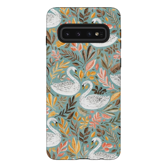 Galaxy S10 StrongFit Whimsical White Swans with Autumn Leaves on Sage by Micklyn Le Feuvre