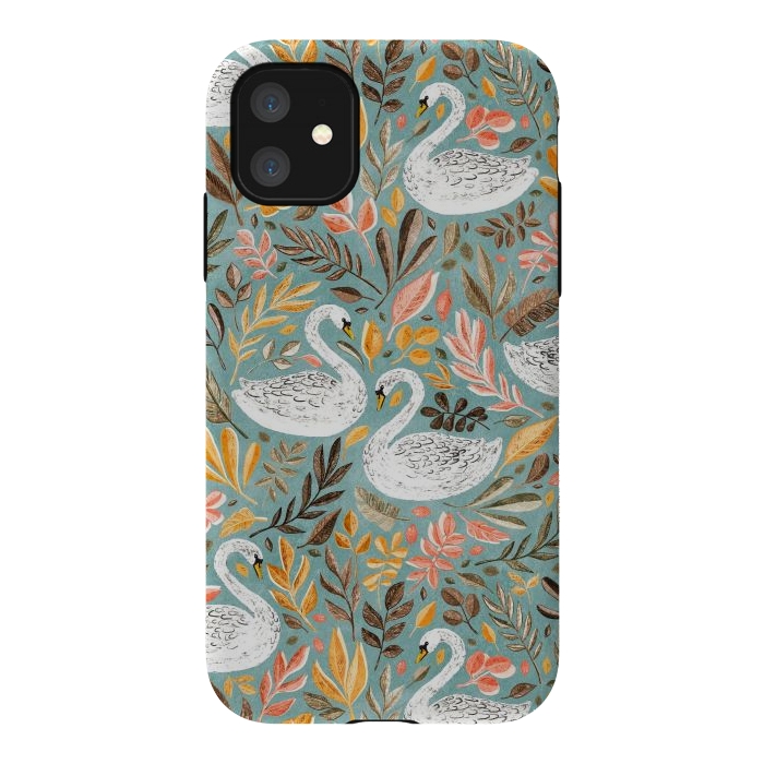iPhone 11 StrongFit Whimsical White Swans with Autumn Leaves on Sage by Micklyn Le Feuvre
