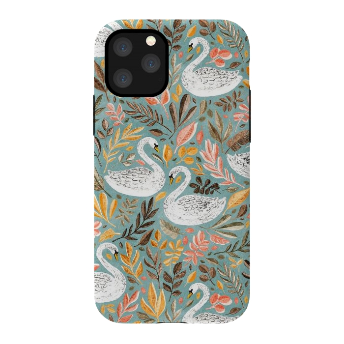 iPhone 11 Pro StrongFit Whimsical White Swans with Autumn Leaves on Sage by Micklyn Le Feuvre