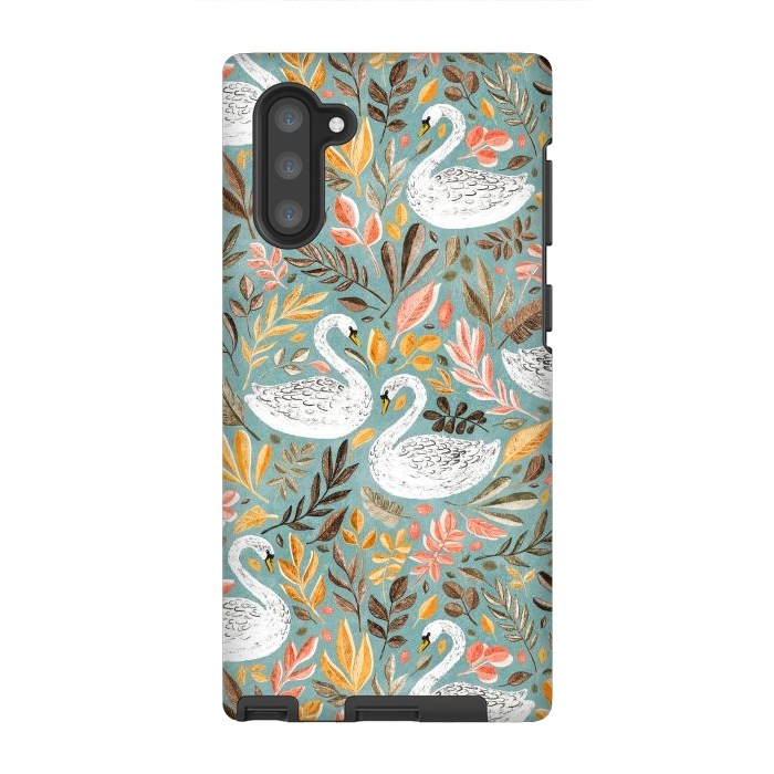 Galaxy Note 10 StrongFit Whimsical White Swans with Autumn Leaves on Sage by Micklyn Le Feuvre