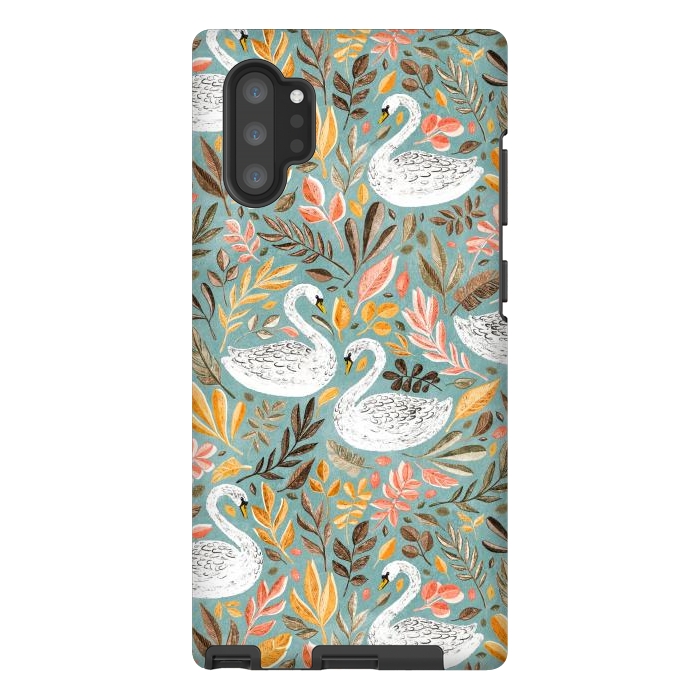 Galaxy Note 10 plus StrongFit Whimsical White Swans with Autumn Leaves on Sage by Micklyn Le Feuvre