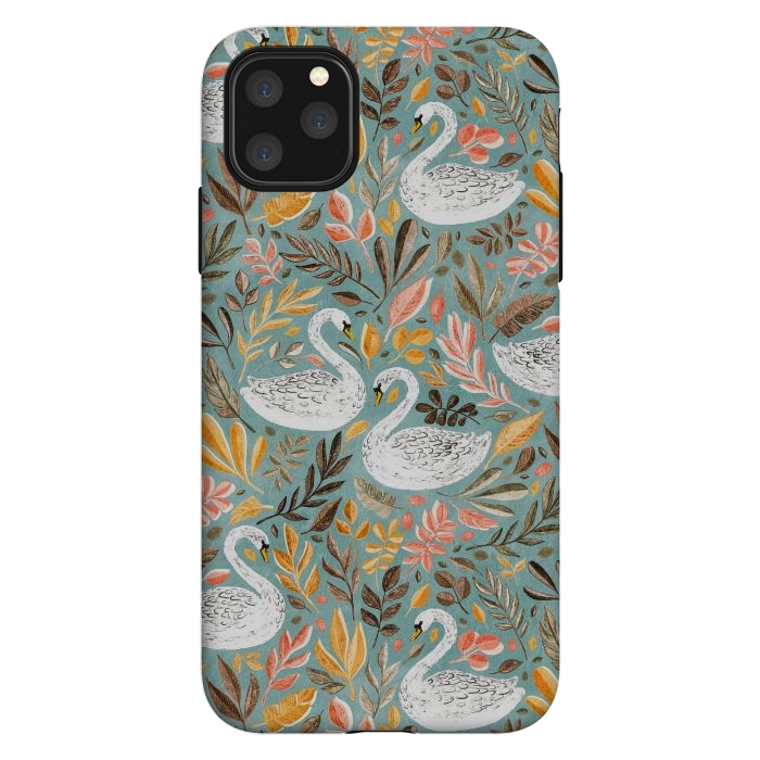 iPhone 11 Pro Max StrongFit Whimsical White Swans with Autumn Leaves on Sage by Micklyn Le Feuvre