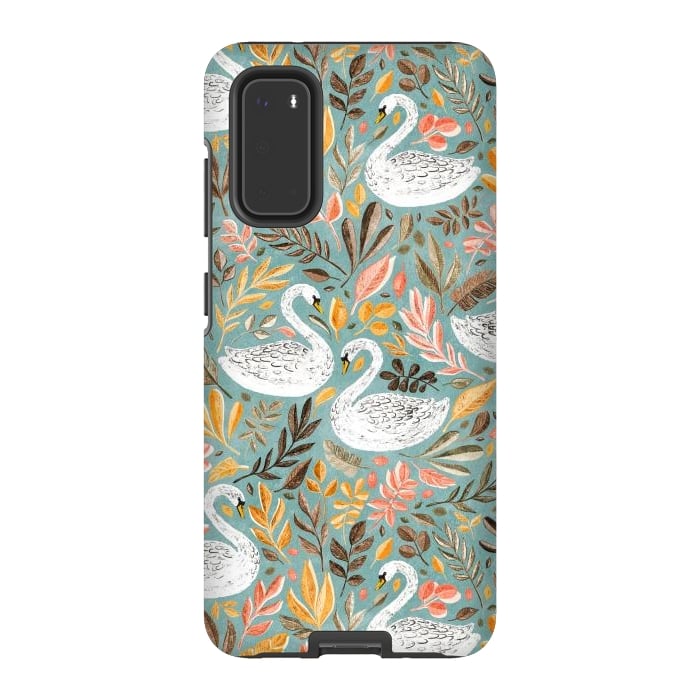 Galaxy S20 StrongFit Whimsical White Swans with Autumn Leaves on Sage by Micklyn Le Feuvre