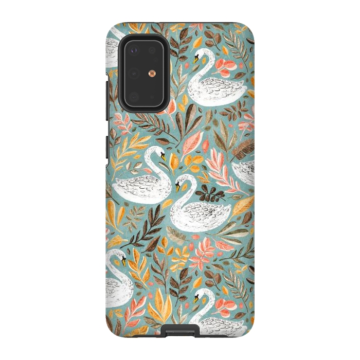 Galaxy S20 Plus StrongFit Whimsical White Swans with Autumn Leaves on Sage by Micklyn Le Feuvre