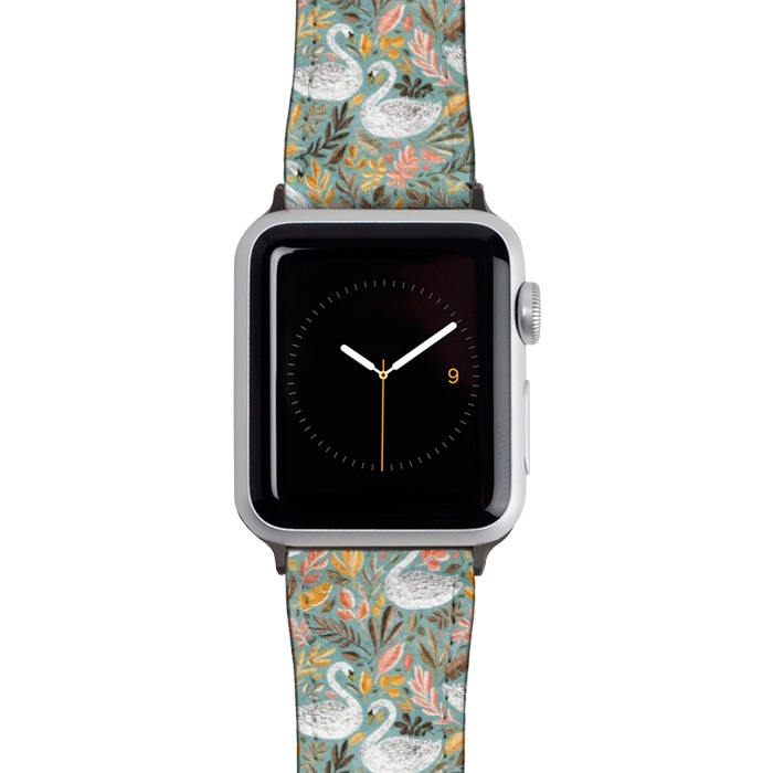Watch 42mm / 44mm Strap PU leather Whimsical White Swans with Autumn Leaves on Sage by Micklyn Le Feuvre