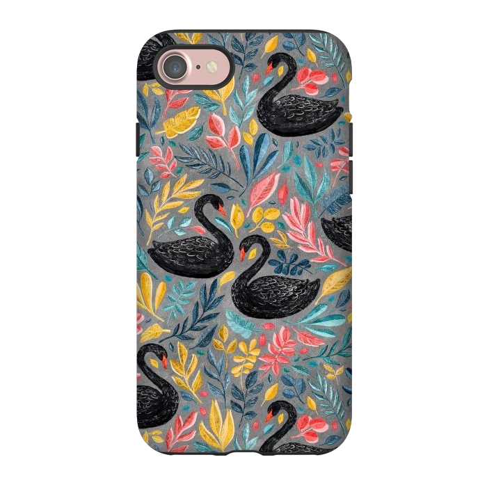 iPhone 7 StrongFit Bonny Black Swans with Lots of Leaves on Grey by Micklyn Le Feuvre