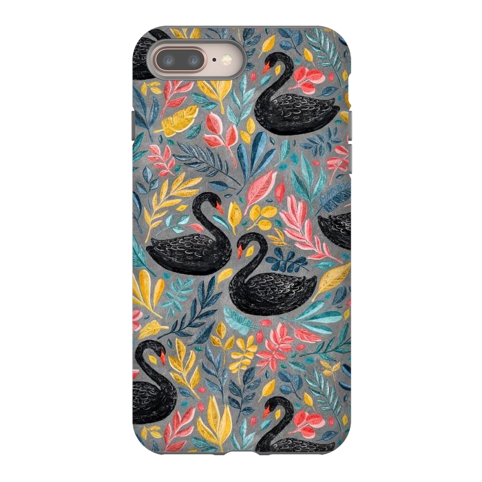 iPhone 7 plus StrongFit Bonny Black Swans with Lots of Leaves on Grey by Micklyn Le Feuvre