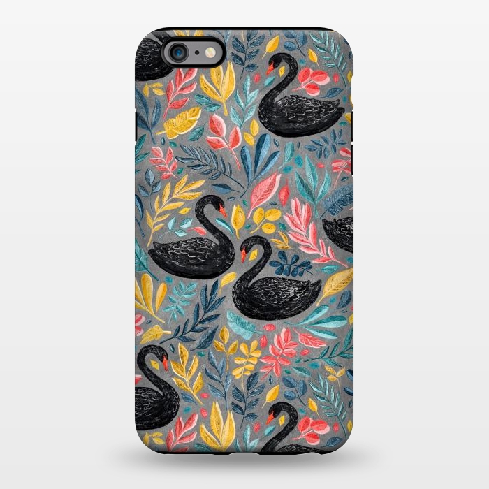iPhone 6/6s plus StrongFit Bonny Black Swans with Lots of Leaves on Grey by Micklyn Le Feuvre