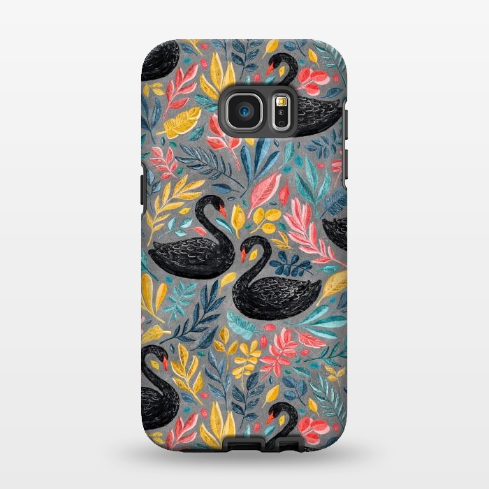 Galaxy S7 EDGE StrongFit Bonny Black Swans with Lots of Leaves on Grey by Micklyn Le Feuvre