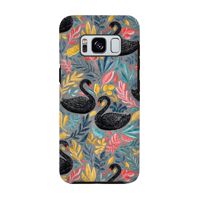 Galaxy S8 StrongFit Bonny Black Swans with Lots of Leaves on Grey by Micklyn Le Feuvre