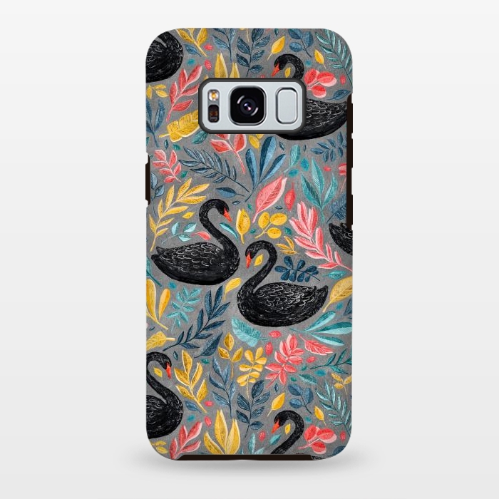 Galaxy S8 plus StrongFit Bonny Black Swans with Lots of Leaves on Grey by Micklyn Le Feuvre