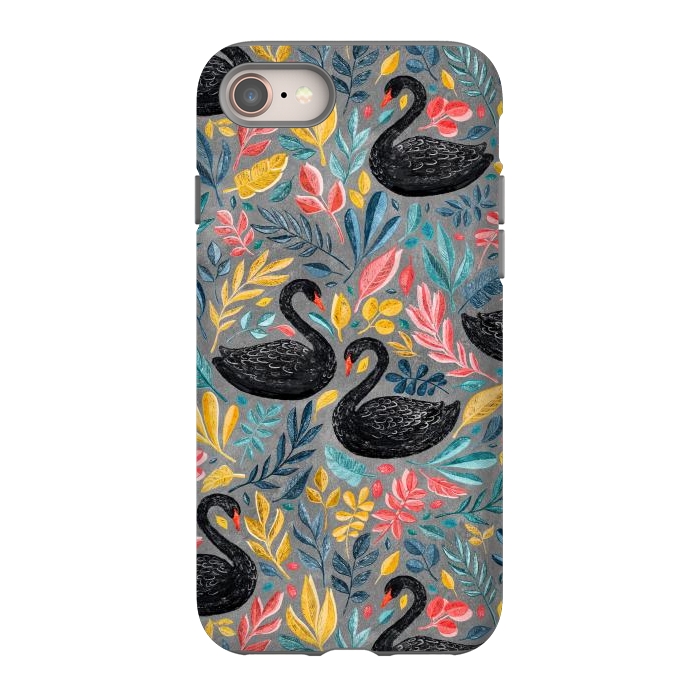 iPhone 8 StrongFit Bonny Black Swans with Lots of Leaves on Grey by Micklyn Le Feuvre