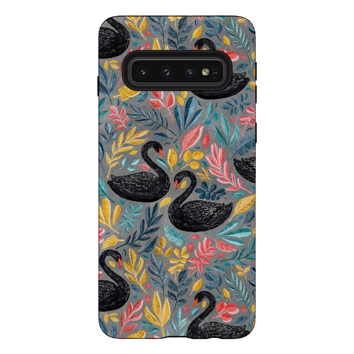 Galaxy S10 StrongFit Bonny Black Swans with Lots of Leaves on Grey by Micklyn Le Feuvre