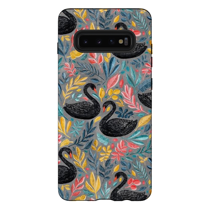 Galaxy S10 plus StrongFit Bonny Black Swans with Lots of Leaves on Grey by Micklyn Le Feuvre