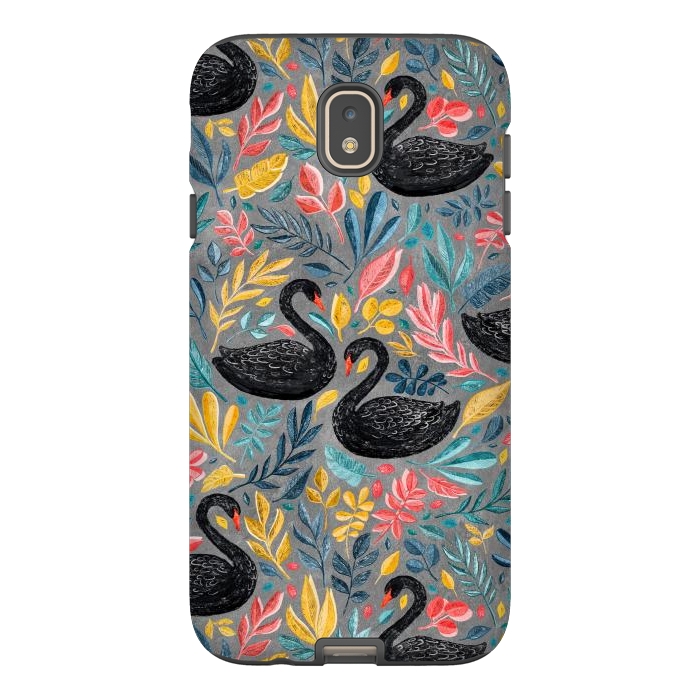 Galaxy J7 StrongFit Bonny Black Swans with Lots of Leaves on Grey by Micklyn Le Feuvre