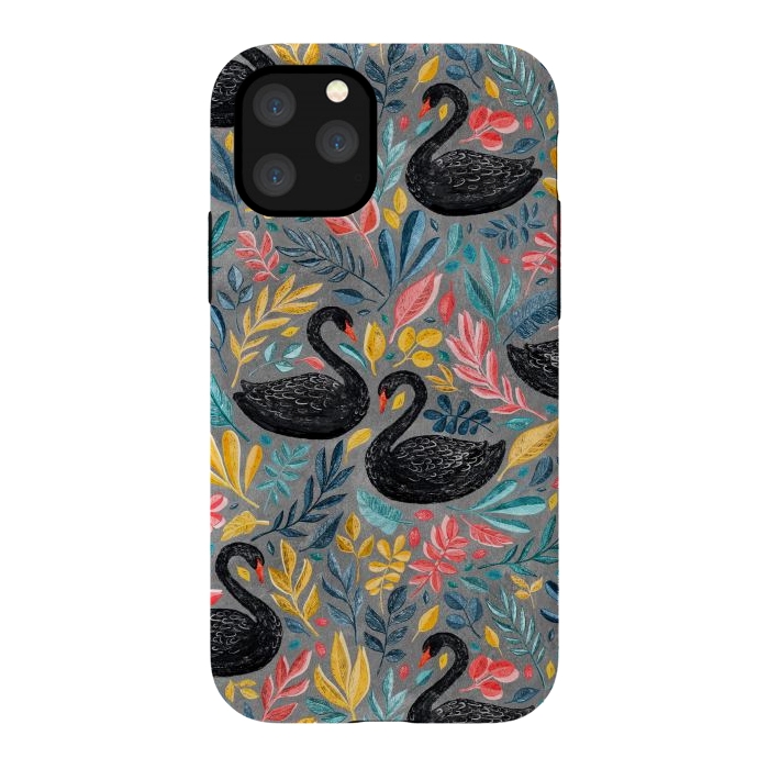 iPhone 11 Pro StrongFit Bonny Black Swans with Lots of Leaves on Grey by Micklyn Le Feuvre