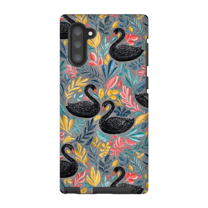 Galaxy Note 10 StrongFit Bonny Black Swans with Lots of Leaves on Grey by Micklyn Le Feuvre