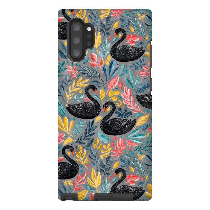 Galaxy Note 10 plus StrongFit Bonny Black Swans with Lots of Leaves on Grey by Micklyn Le Feuvre
