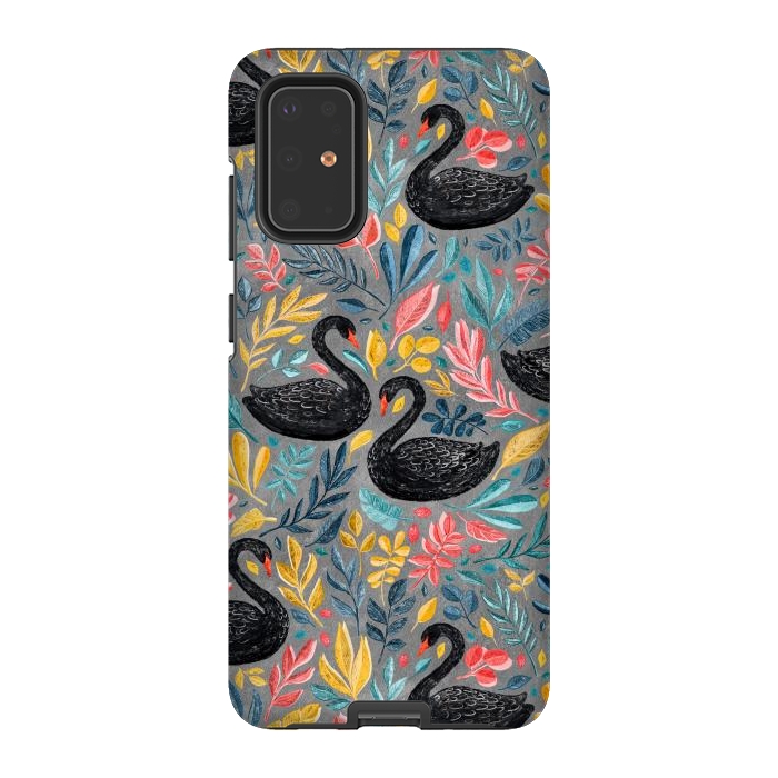 Galaxy S20 Plus StrongFit Bonny Black Swans with Lots of Leaves on Grey by Micklyn Le Feuvre