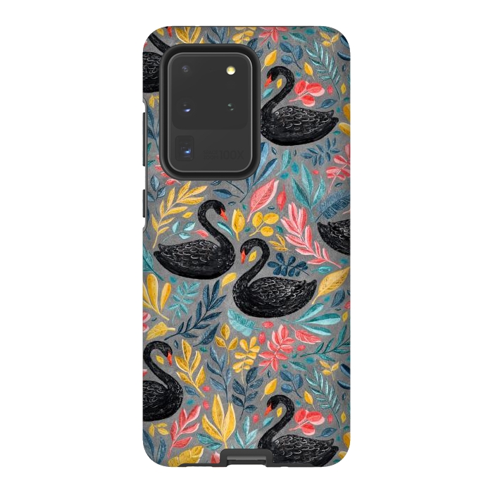 Galaxy S20 Ultra StrongFit Bonny Black Swans with Lots of Leaves on Grey by Micklyn Le Feuvre