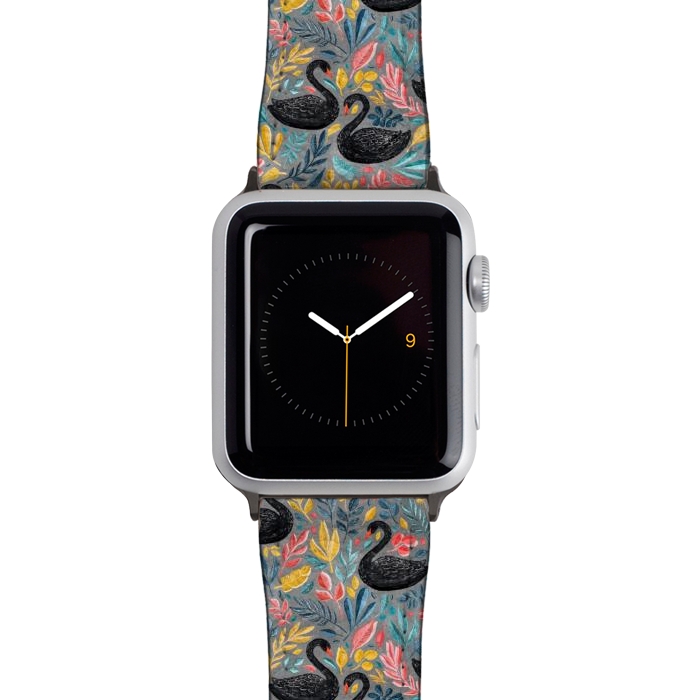 Watch 38mm / 40mm Strap PU leather Bonny Black Swans with Lots of Leaves on Grey by Micklyn Le Feuvre