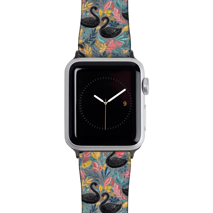 Watch 42mm / 44mm Strap PU leather Bonny Black Swans with Lots of Leaves on Grey by Micklyn Le Feuvre
