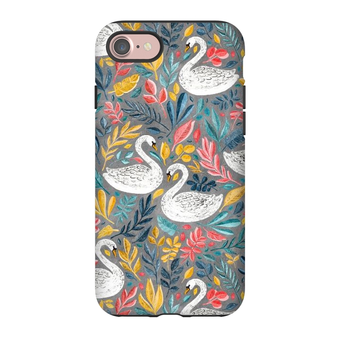 iPhone 7 StrongFit Whimsical White Swans with Lots of Leaves on Grey by Micklyn Le Feuvre