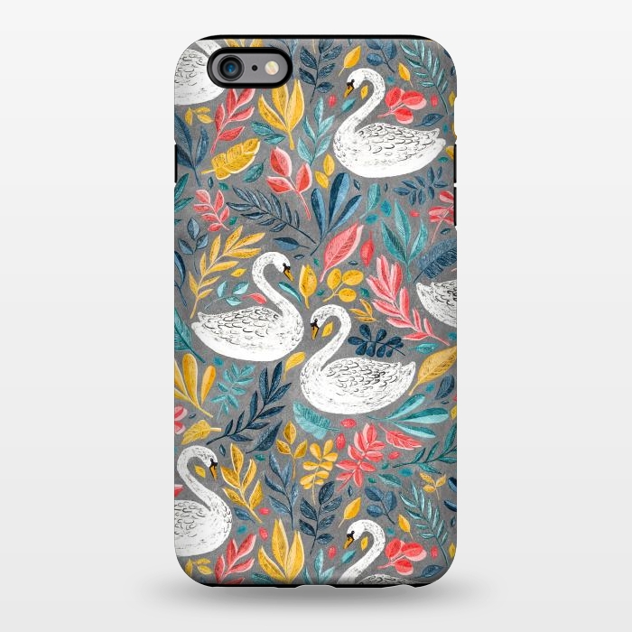 iPhone 6/6s plus StrongFit Whimsical White Swans with Lots of Leaves on Grey by Micklyn Le Feuvre