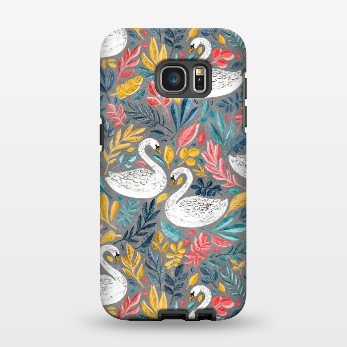 Galaxy S7 EDGE StrongFit Whimsical White Swans with Lots of Leaves on Grey by Micklyn Le Feuvre