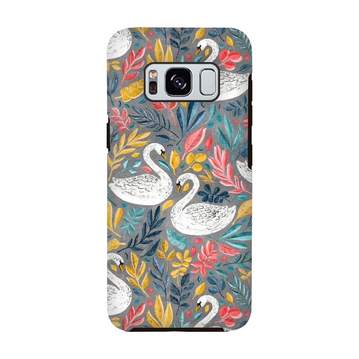 Galaxy S8 StrongFit Whimsical White Swans with Lots of Leaves on Grey by Micklyn Le Feuvre