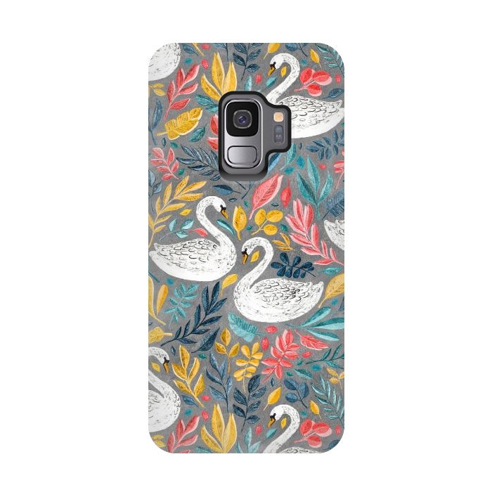 Galaxy S9 StrongFit Whimsical White Swans with Lots of Leaves on Grey by Micklyn Le Feuvre