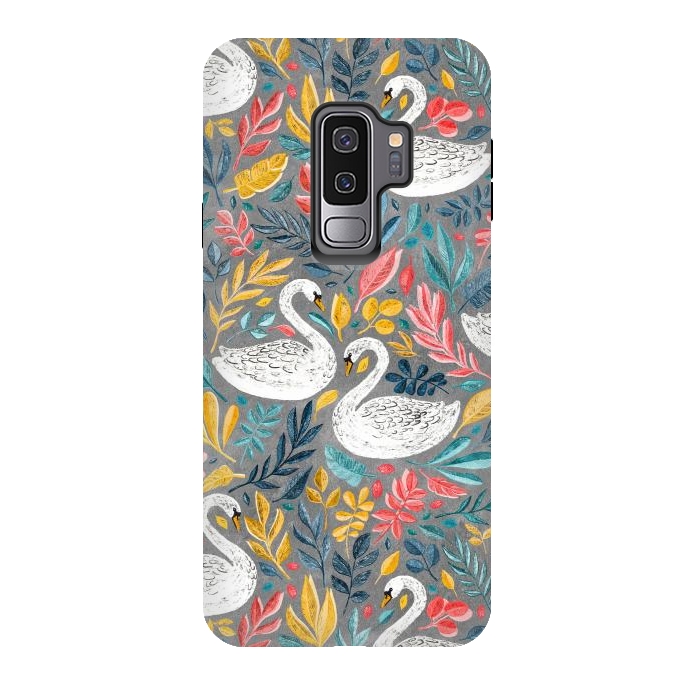Galaxy S9 plus StrongFit Whimsical White Swans with Lots of Leaves on Grey by Micklyn Le Feuvre