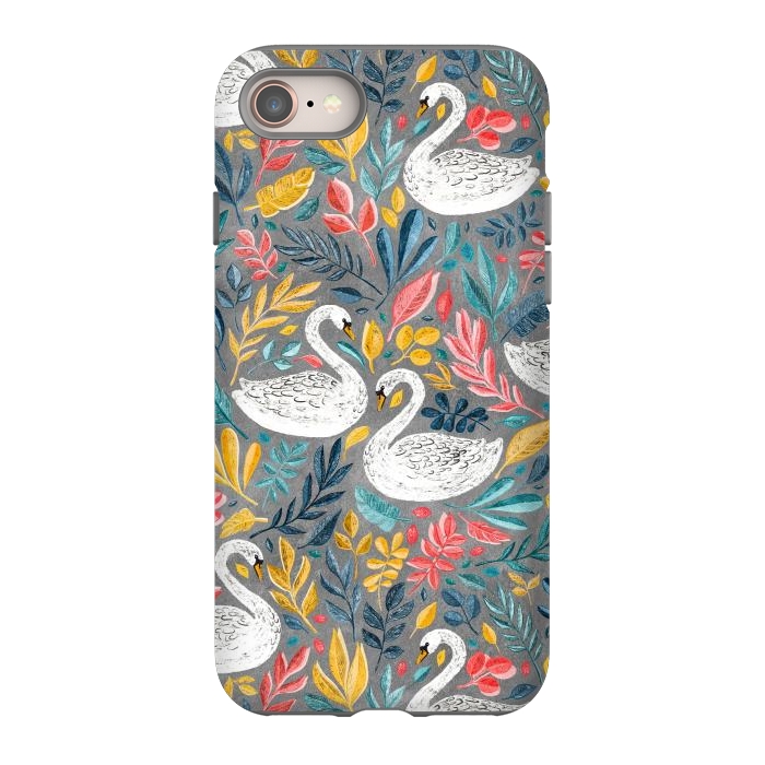 iPhone 8 StrongFit Whimsical White Swans with Lots of Leaves on Grey by Micklyn Le Feuvre